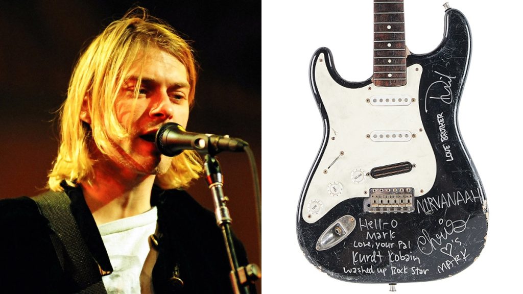 Kurt Cobain’s smashed Fender Stratocaster guitar sells for 10 times